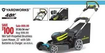 Canadian Tire Yardworks 96v self-propelled brushless lawn mower, 22 with 5ah batteries & charger offer