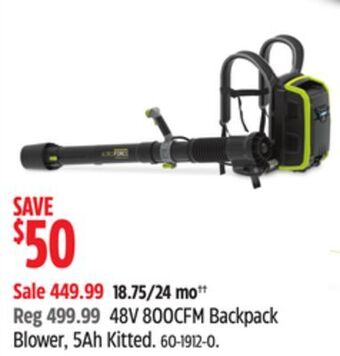 Canadian Tire Yardworks 48v 800cfm backpack blower, 5ah kitted offer
