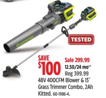 Canadian Tire Yardworks 48v 400cfm blower & 13 grass trimmer combo, 2ah kitted offer