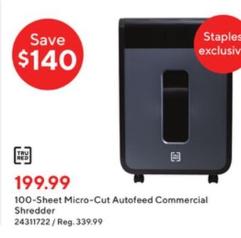 Staples Tru red 100-sheet micro-cut autofeed commercial shredder offer