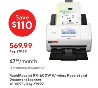 Staples Epson rapidreceipt rr-600w wireless receipt and document scanner offer