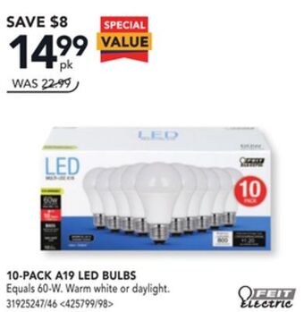 Lowe's Feit electric 10-pack a19 led bulbs offer
