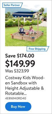 Walmart Costway kids wooden sandbox with height adjustable & rotatable canopy outdoor playset offer