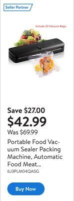 Walmart Portable food vacuum sealer packing machine, automatic food meat preserve sealer built-in cutter include 20 vacuum bags offer