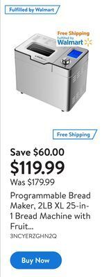 Walmart Programmable bread maker, 2lb xl 25-in-1 bread machine with fruit nut dispenser and 24 recipe books offer