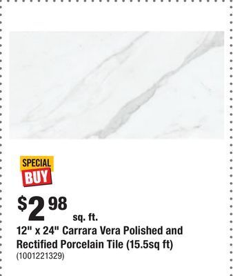 Home Depot 12 x 24 carrara vera polished and rectified porcelain tile (15.5sq ft) offer