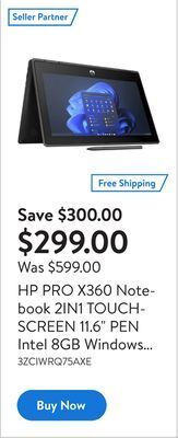 Walmart Hp pro x360 notebook 2in1 touchscreen 11.6 pen intel 8gb windows 11 pro 128gb offer