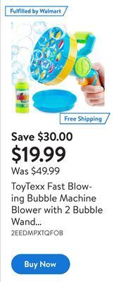 Walmart Toytexx fast blowing bubble machine blower with 2 bubble wand attachments for children kids ages 3+ offer