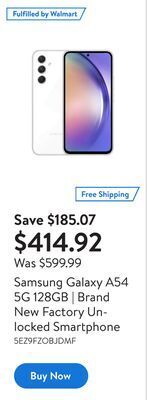 Walmart Samsung galaxy a54 5g 128gb | brand new factory unlocked smartphone offer