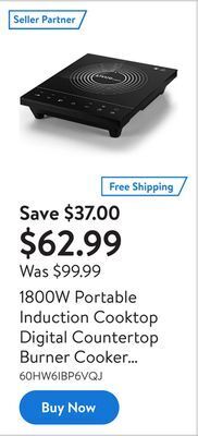Walmart 1800w portable induction cooktop digital countertop burner cooker with kids safety lock, touch sensor control and 6 preset fu offer