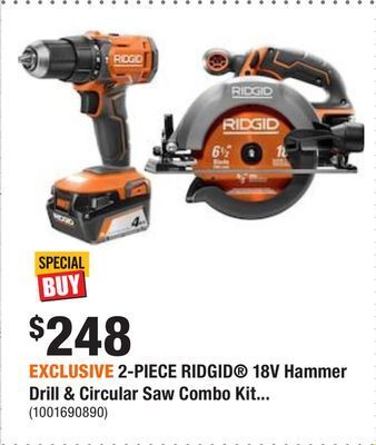 Home Depot Exclusive 2-piece ridgid® 18v hammer drill & circular saw combo kit with (1) 2.0ah and (1) 4.0ah batteries and charger offer