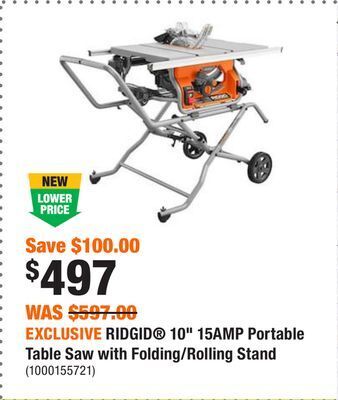 Exclusive ridgid® 10 15amp portable table saw with folding/rolling stand