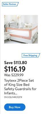 Walmart Toytexx 2piece set of king size bed safety guardrails for infants toddlers and children offer