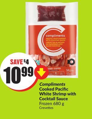 FreshCo Compliments cooked pacific white shrimp with cocktail sauce frozen 680 g offer