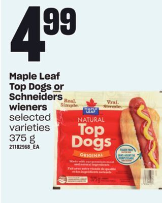 Zehrs Markets Maple leaf top dogs or schneiders wieners, 375 g offer