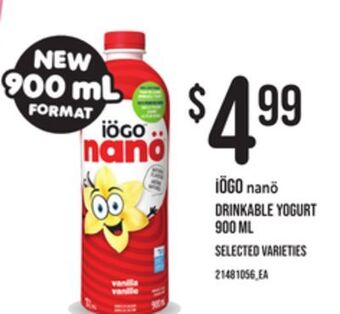 Zehrs Markets Iögo nanö drinkable yogurt, 900 ml offer
