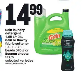 Zehrs Markets Gain laundry detergent, 4.55 l/42's, gain or downy fabric softener, 1.42 l-3.81 l, beads, 570 g or bounce sheets, 250's offer