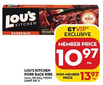 Giant Tiger Lou's kitchen pork back ribs offer