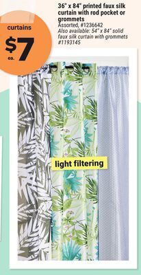 Giant Tiger 36 x 84 printed faux silk curtain with rod pocket or grommets offer