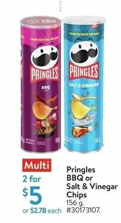 Walmart Pringles BBQ or Salt & Vinegar Chips 156g offer