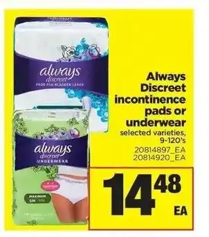 Real Canadian Superstore Always Discreet incontinence pads or underwear offer