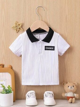 SheIn Baby boy letter patched detail striped print polo shirt offer
