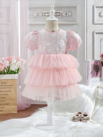 SheIn Baby floral embroidery mesh overlay puff sleeve layer hem party dress offer