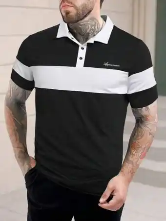 SheIn Men color block letter graphic polo shirt offer