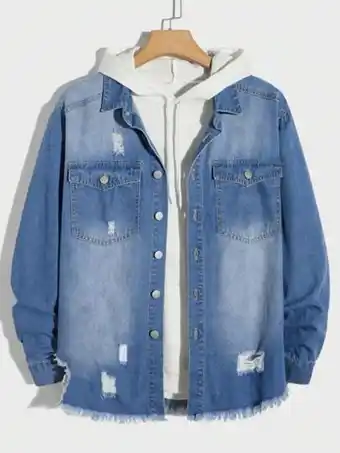 SheIn Manfinity emrg men cotton ripped raw trim denim shirt without hoodie offer
