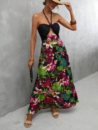 SheIn Shein vcay floral print cut out tie backless halter dress offer