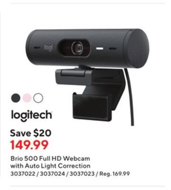 Staples Logitech brio 500 full hd webcam with auto light correction offer