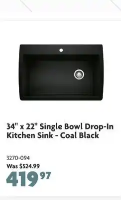 Home Hardware 34 x 22 single bowl drop-in kitchen sink - coal black offer