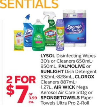 Rexall Lysol disinfecting wipes 30' s or cleaners 650ml-950ml, palmolive or sunlight dish detergent 532ml-828ml, clorox cleaners 887 offer