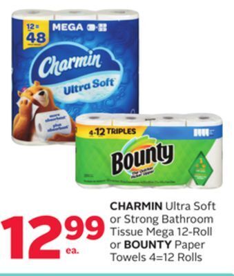 Rexall Charmin ultra soft or strong bathroom tissue mega 12-roll or bounty paper towels 4 = 12 rolls offer