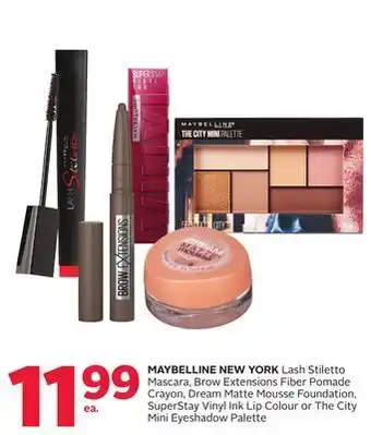 Rexall Maybelline new york lash stiletto mascara, brow extensions fiber pomade crayon, dream matte mousse foundation, superstay viny offer