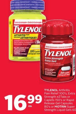 Rexall Tylenol arthritis pain relief 100' s, extra strength eztabs or caplets 150' s or rapid release gel capsules 80' s or motrin s offer