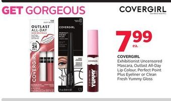 Rexall Covergirl exhibitionist uncensored mascara, outlast all-day lip colour, perfect point plus eyeliner or clean fresh yummy glos offer