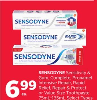 Rexall Sensodyne sensitivity & gum, complete, pronamel intensive repair, rapid relief, repair & protect or value size toothpaste offer