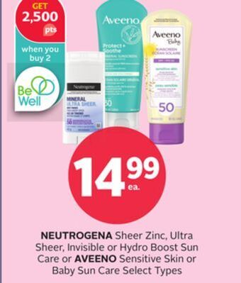 Rexall Neutrogena sheer zinc, ultra sheer, invisible or hydro boost sun care or aveeno sensitive skin or baby sun care offer