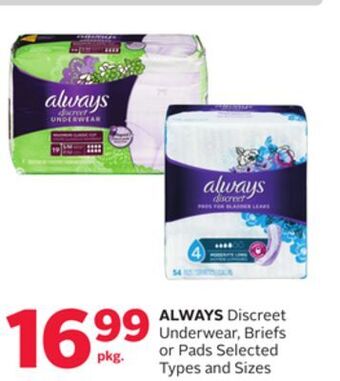 Rexall Always discreet underwear, briefs or pads offer
