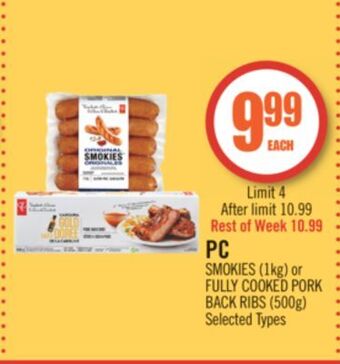 Shoppers Drug Mart Pc smokies (1kg) or fully cooked pork back ribs (500g) offer