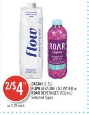 Shoppers Drug Mart Dasani (1.5l), flow alkaline (1l) water or roar beverages (532ml) offer