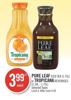 Shoppers Drug Mart Pure leaf iced tea (1.75l) or tropicana beverages (1.54l - 1.75l) offer