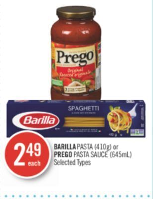 Shoppers Drug Mart Barilla pasta (410g) or prego pasta sauce (645ml) offer