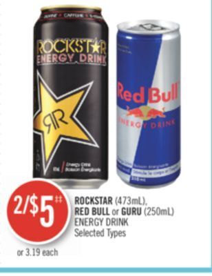 Shoppers Drug Mart Rockstar (473ml), red bull or guru (250ml) energy drink offer