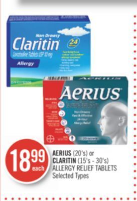 Shoppers Drug Mart Aerius (20's) or claritin (15's - 30's) allergy relief tablets offer