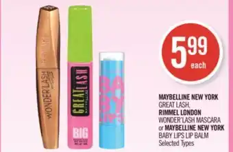Shoppers Drug Mart Maybelline new york great lash, rimmel london wonder'lash mascara or maybelline new york baby lips lip balm offer