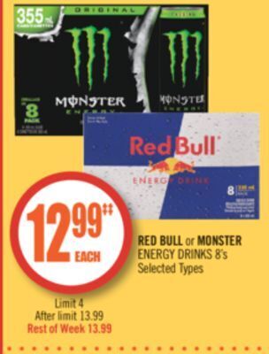 Shoppers Drug Mart Red bull or monster energy drinks 8's offer
