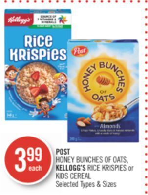 Shoppers Drug Mart Post honey bunches of oats, kellogg's rice krispies or kids cereal offer