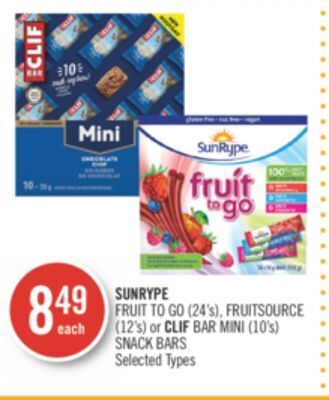 Shoppers Drug Mart Sunrype fruit to go (24's), fruitsource (12's) or clif bar mini (10's) snack bars offer